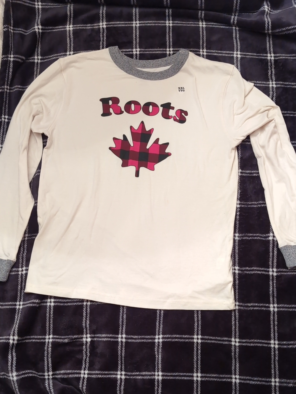 Roots Cream Long-Sleeve Tee with Red Plaid Maple Graphic